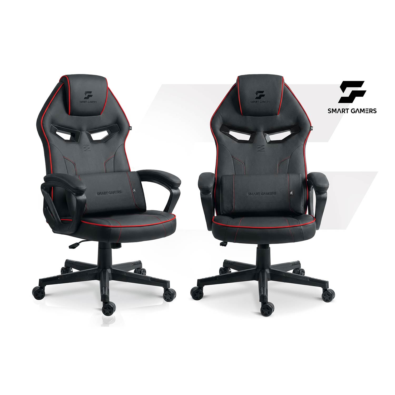 Dwa czarne fotele dla graczy z czerwonymi akcentami i logo Smart Gamers na białym tle.