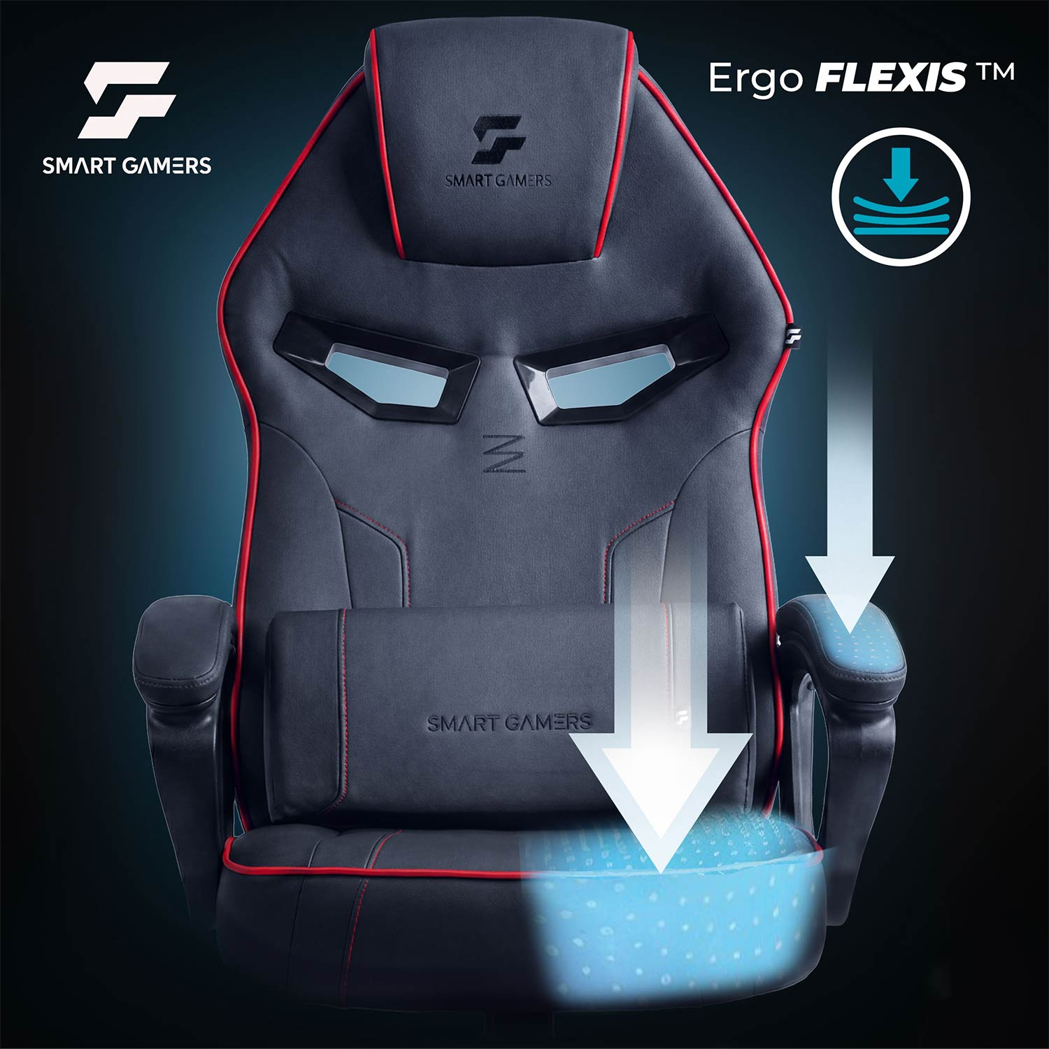 Fotel gamingowy Ergo FLEXIS w kolorze szaro-czerwonym z ergonomicznymi poduszkami.