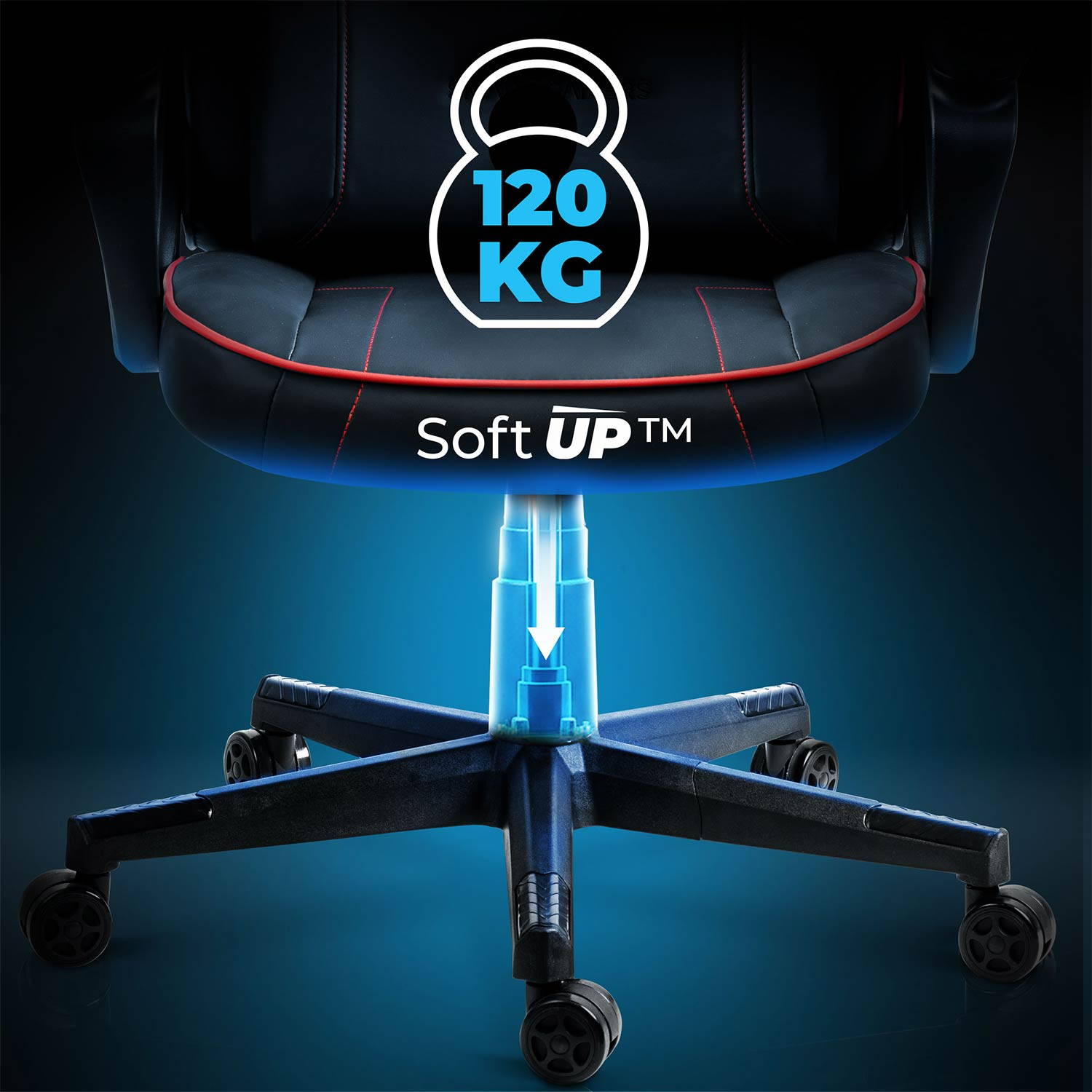 Czarny fotel gamingowy z czerwonymi akcentami, udźwigiem 120 kg i technologią Soft UP.