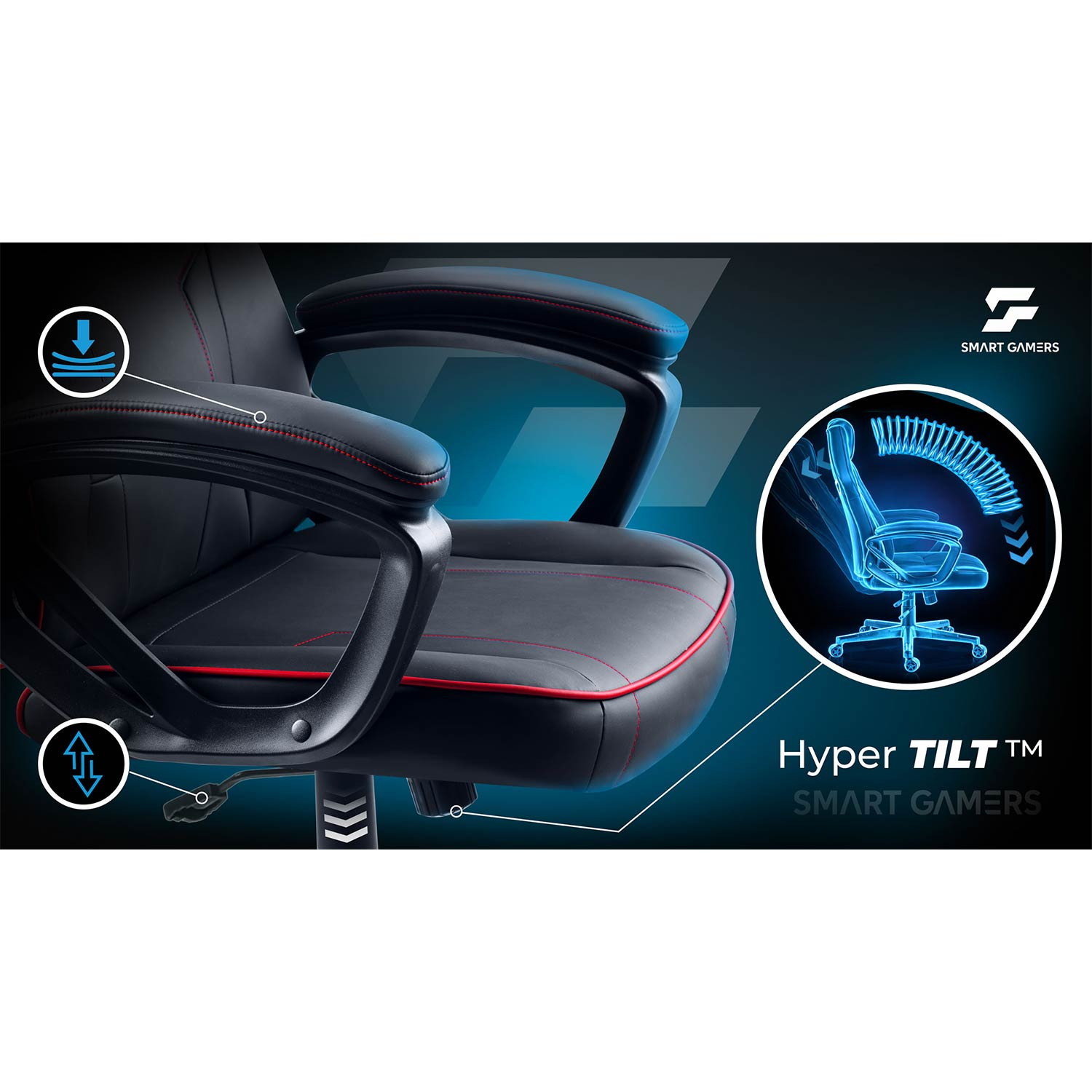 Czarny fotel gamingowy z czerwoną nitką i technologią Hyper Tilt TM, pokazywany na niebieskim diagramie.