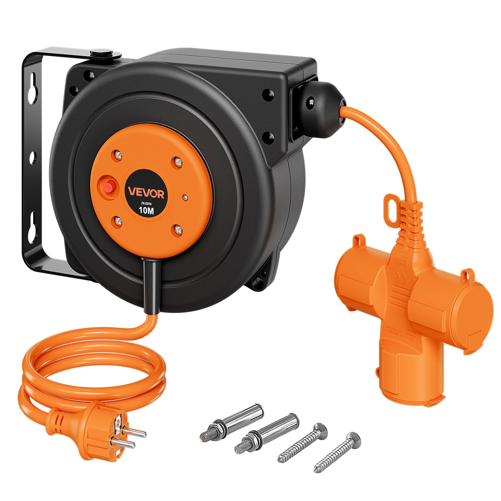 Schwarze und orangefarbene VEVOR-Kabeltrommel mit ausziehbarem Kabel, Mehrfachsteckdose und Montagematerial.