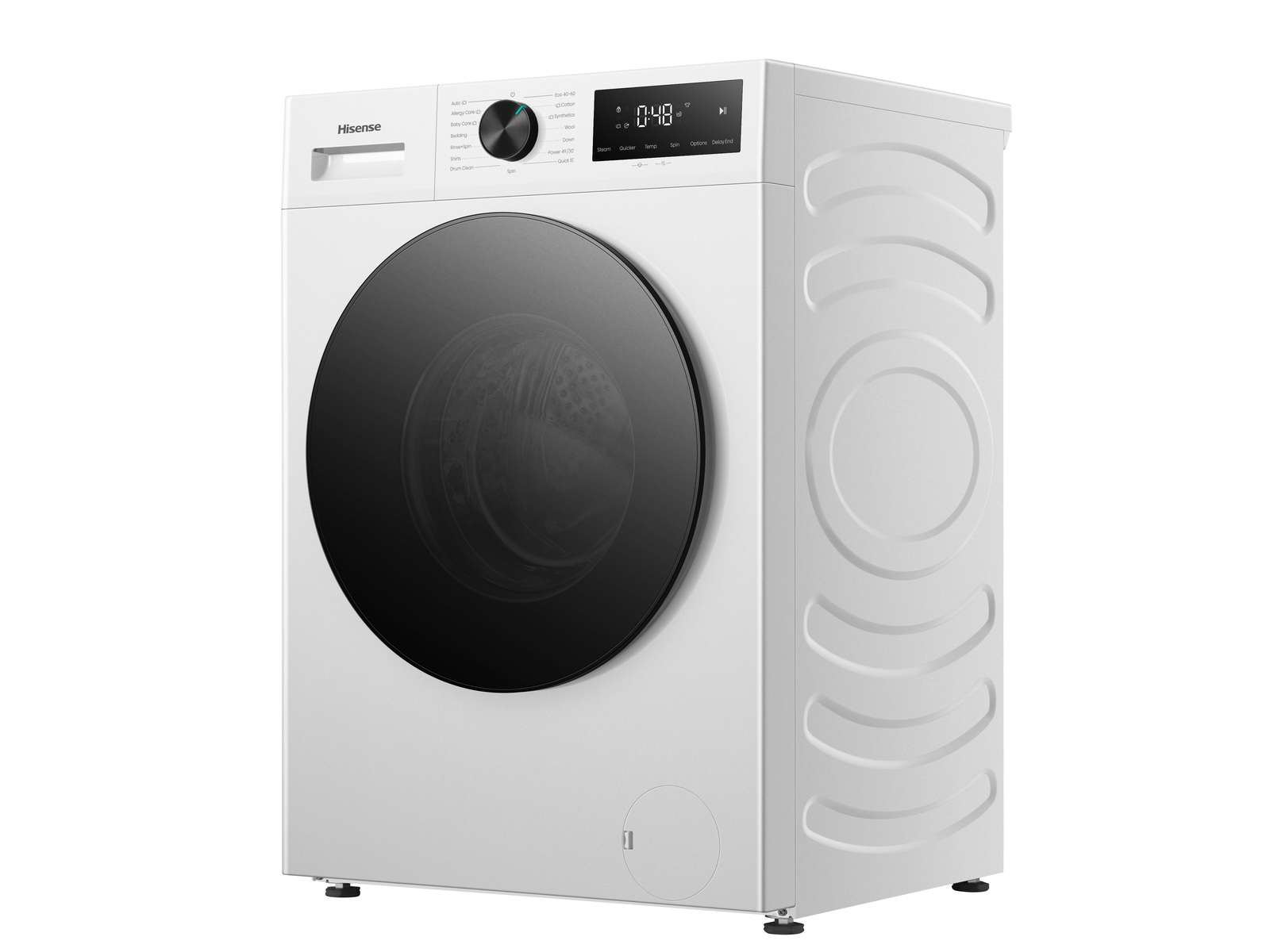 Una lavatrice a carica frontale Hisense bianca con sportello in vetro nero, display digitale e manopola.