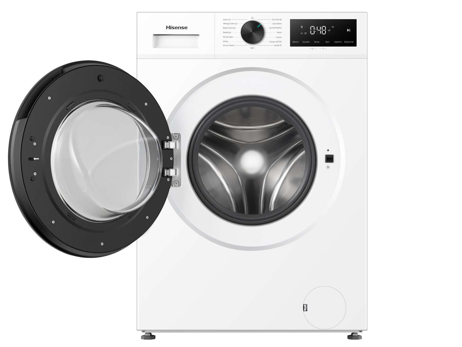Lavatrice Hisense bianca con porta nera aperta e display digitale.