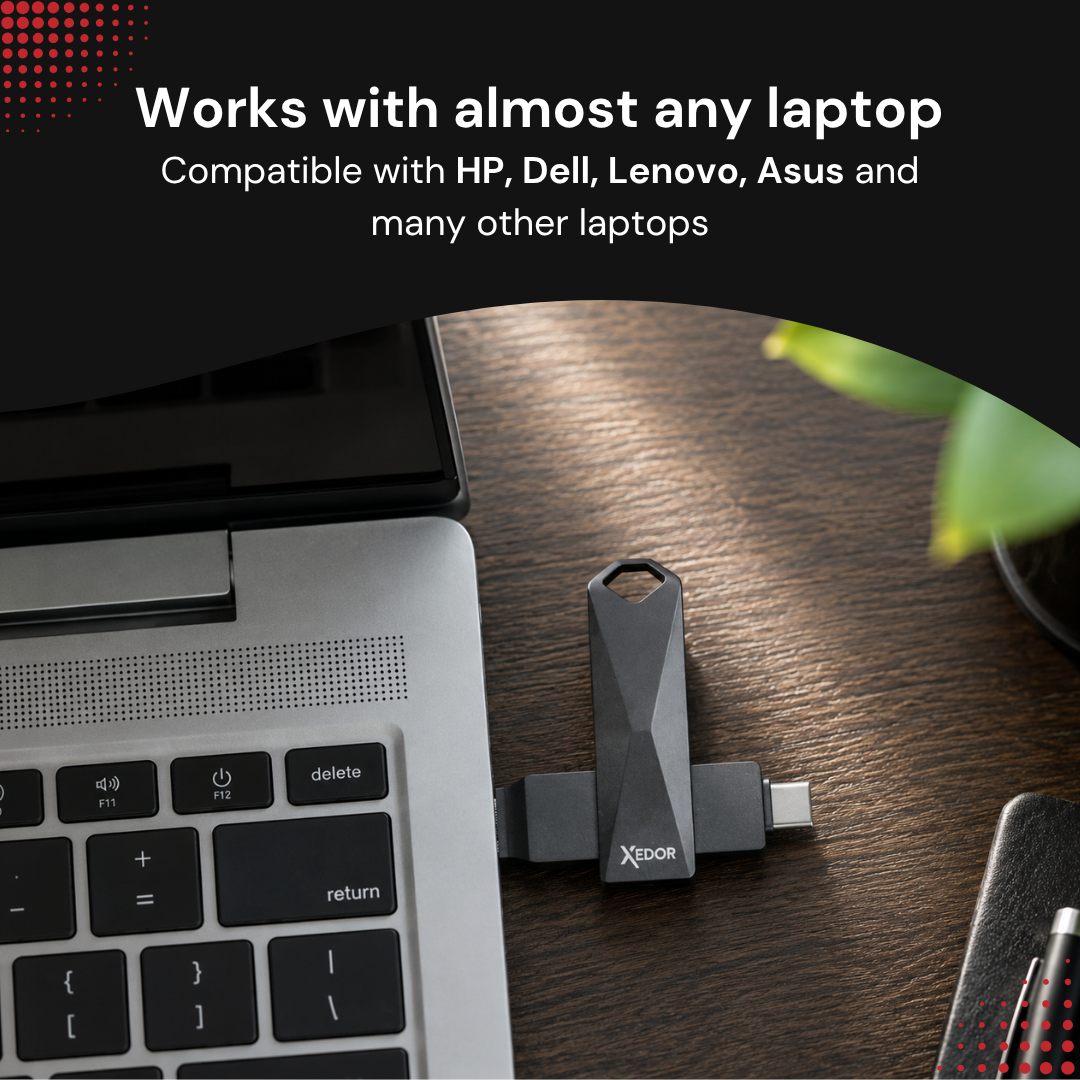 A gray USB-C adapter plugged into a laptop on a wooden desk, advertised as compatible.