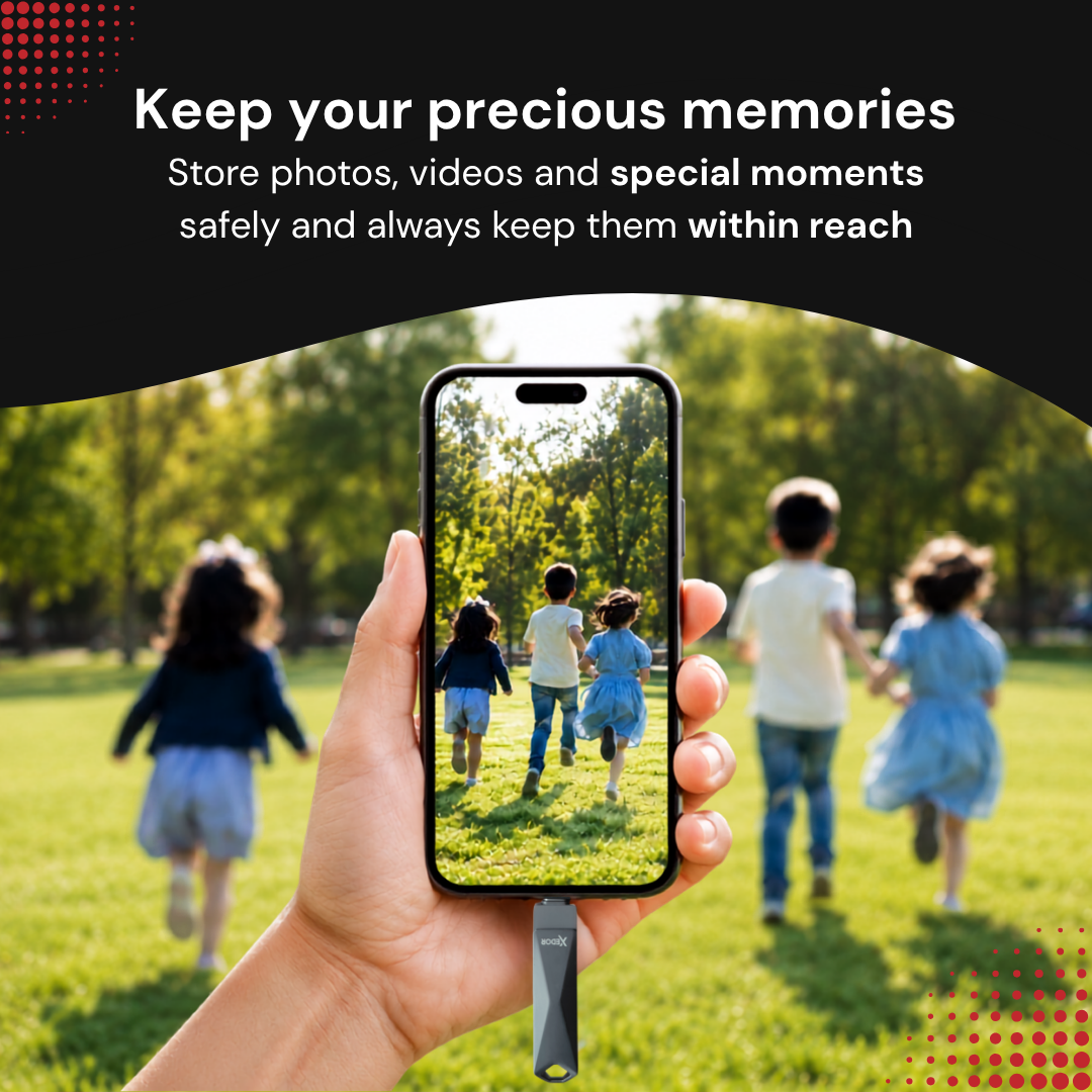 A hand holds a smartphone displaying children running in a park, with promotional text above.