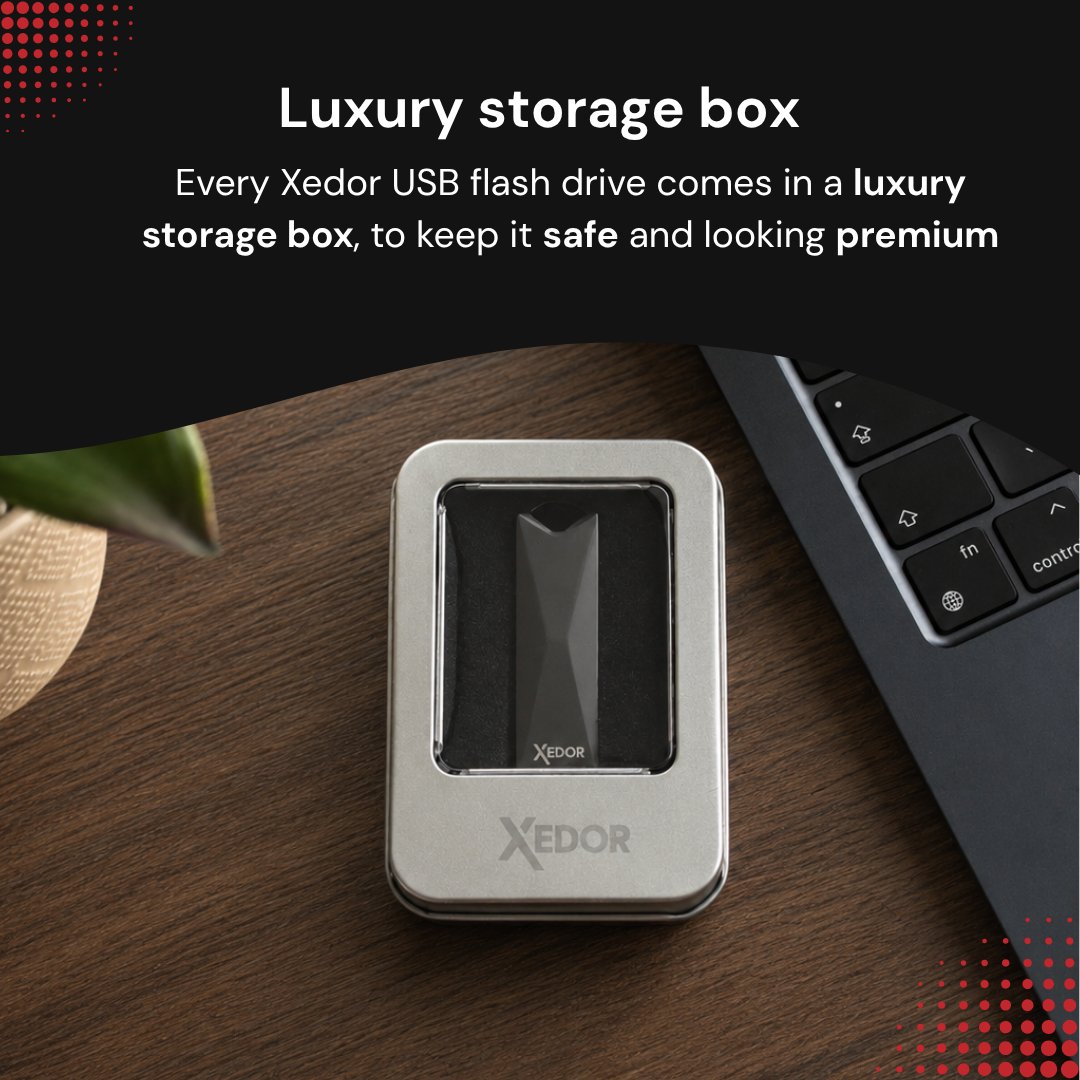 Luxury storage box for Xedor USB drive on wooden table beside laptop.