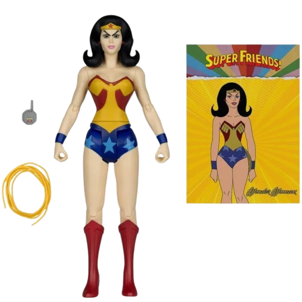 Action figure di Wonder Woman con lazo e grafica della confezione.