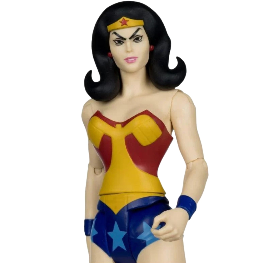 Action figure di Wonder Woman con capelli neri ondulati, tiara d'oro, corsetto rosso e giallo e gonna blu stellata.