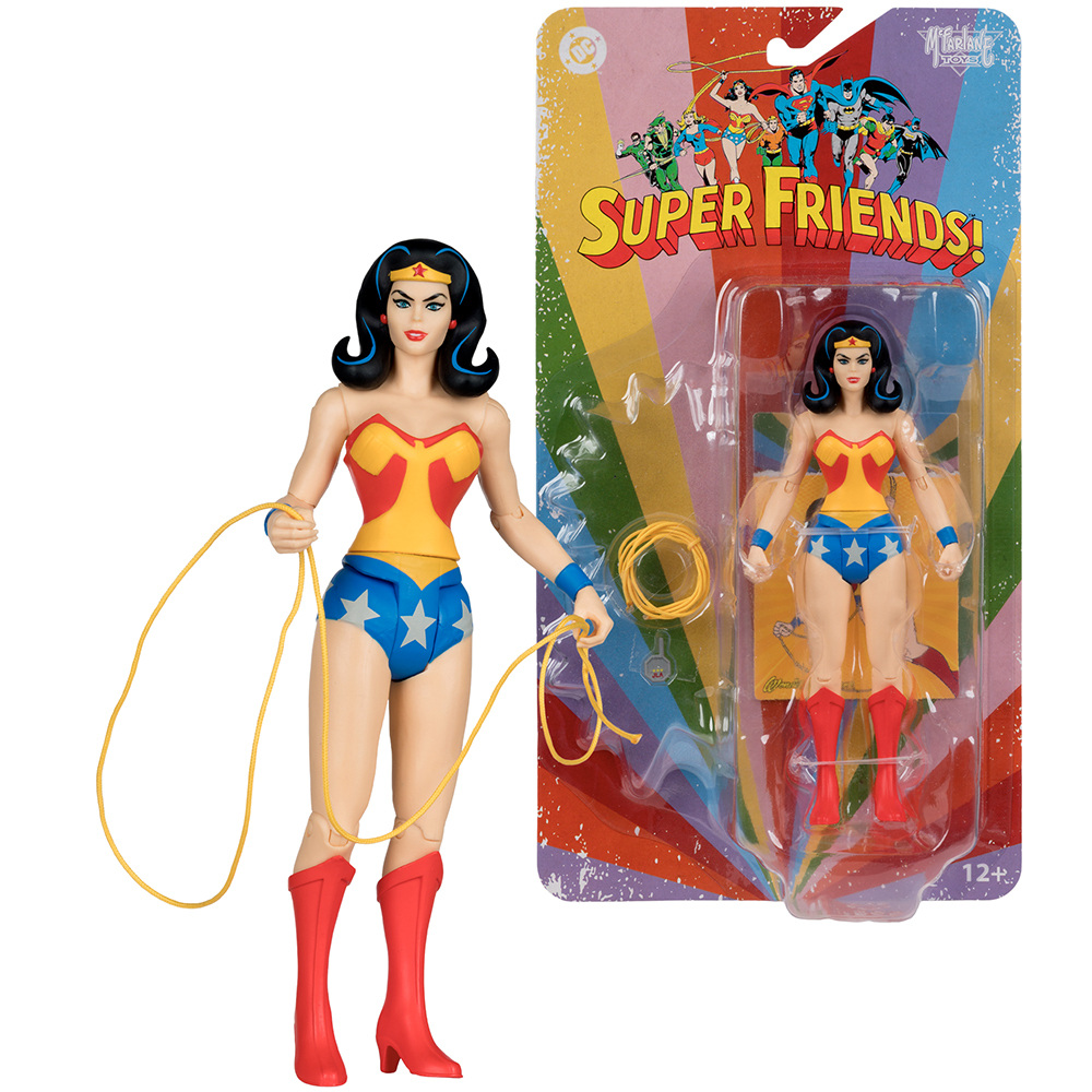 Action figure di Wonder Woman di Super Friends con lazo, accanto alla sua confezione colorata.