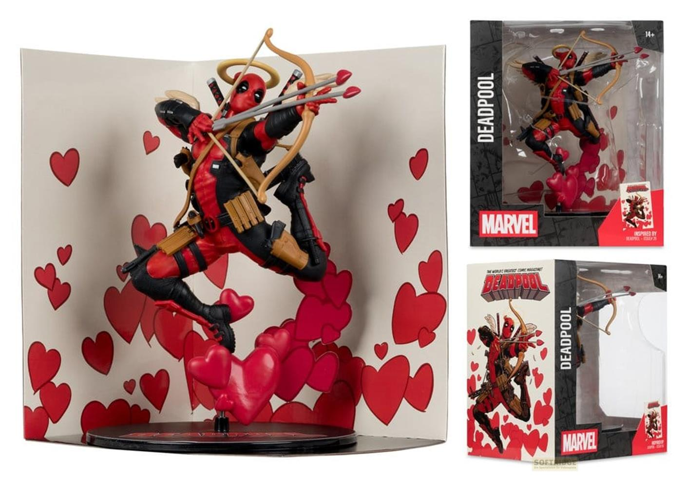 Action figure di Deadpool Cupido con arco, freccia e cuori davanti a una scatola.