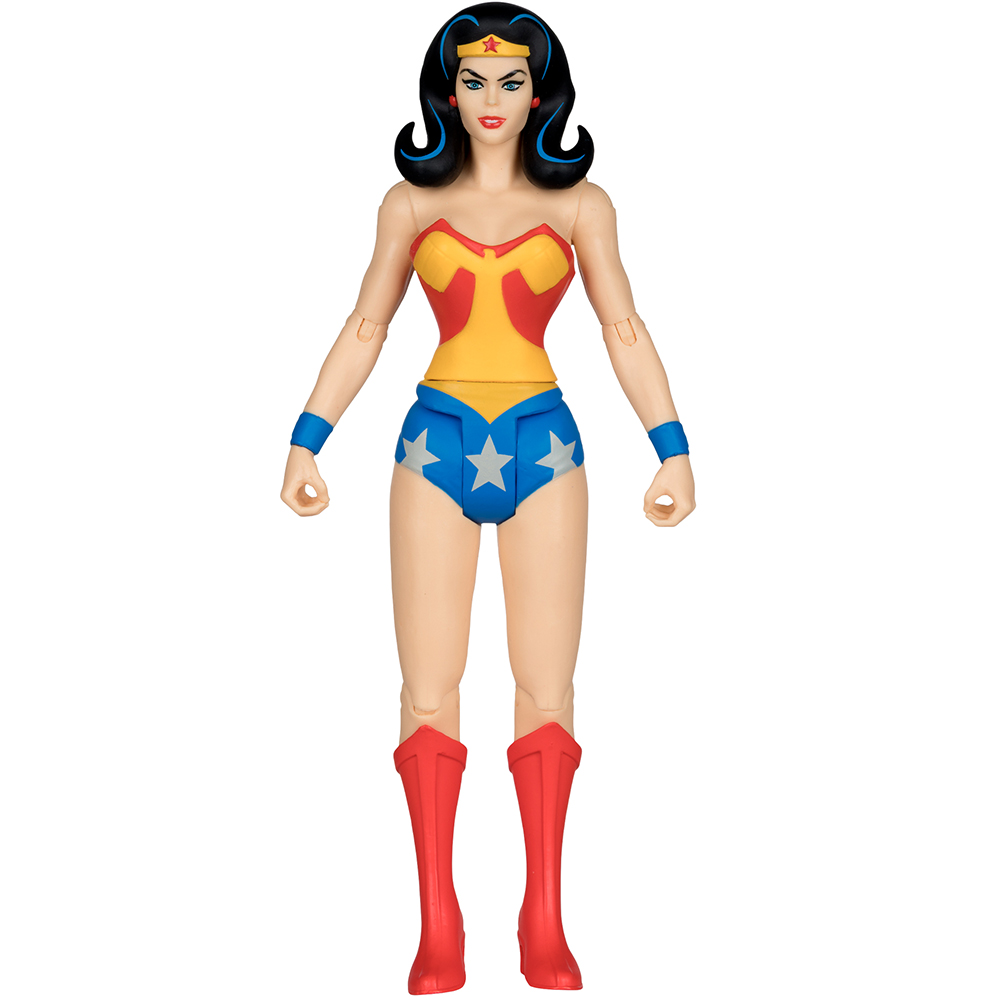 Un'action figure di Wonder Woman con un costume classico rosso, giallo e blu su sfondo bianco.