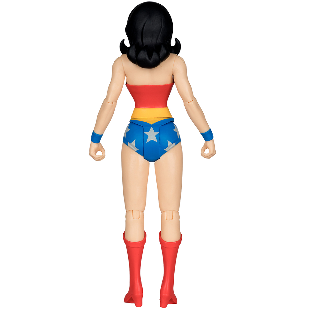 Vista posteriore di un action figure di Wonder Woman con top rosso, pantaloncini blu con stelle e stivali rossi.
