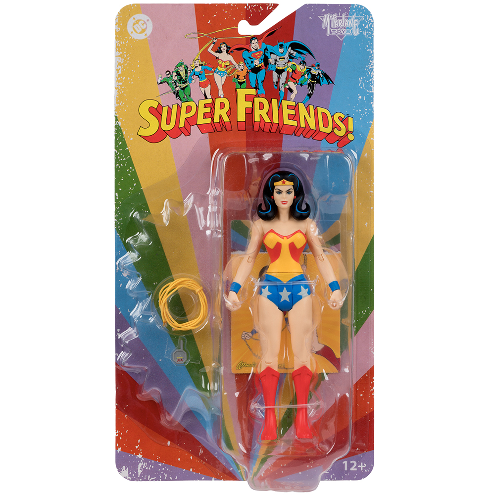 Action figure di Wonder Woman in una confezione blister colorata.