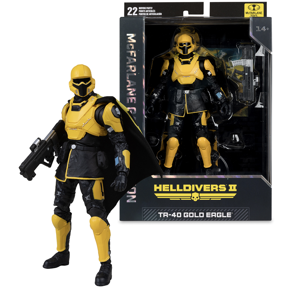 Action figure Helldivers II TR-40 Gold Eagle in armatura nera e gialla, con un'arma accanto alla confezione.