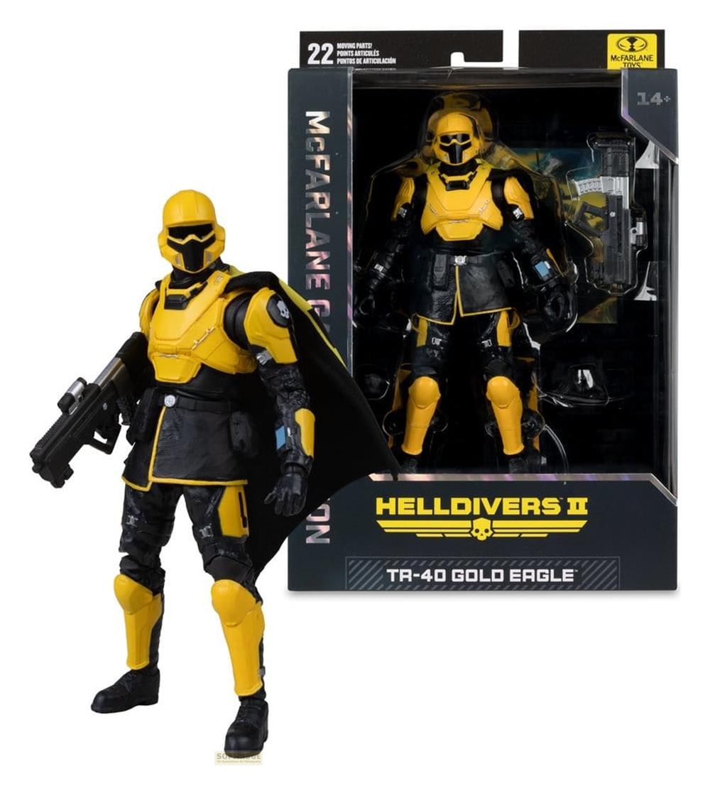 Un'action figure Helldivers II TR-40 Gold Eagle in armatura gialla e nera con un'arma, accanto alla confezione.