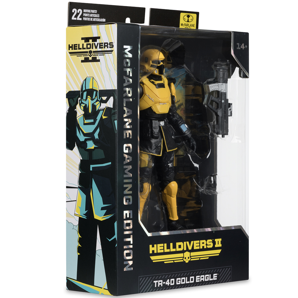 Action figure di Helldivers II TR-40 Gold Eagle in scatola, con armatura gialla e nera e fucile.