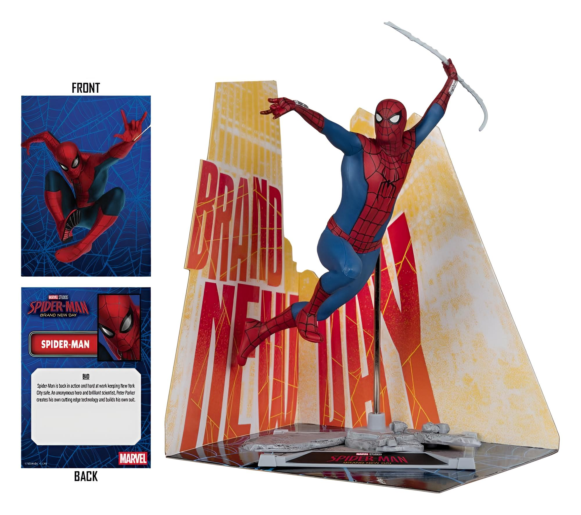 Action figure di Spider-Man in posa di salto con lanciaragnatele, davanti a uno sfondo a tema Brand New Day.