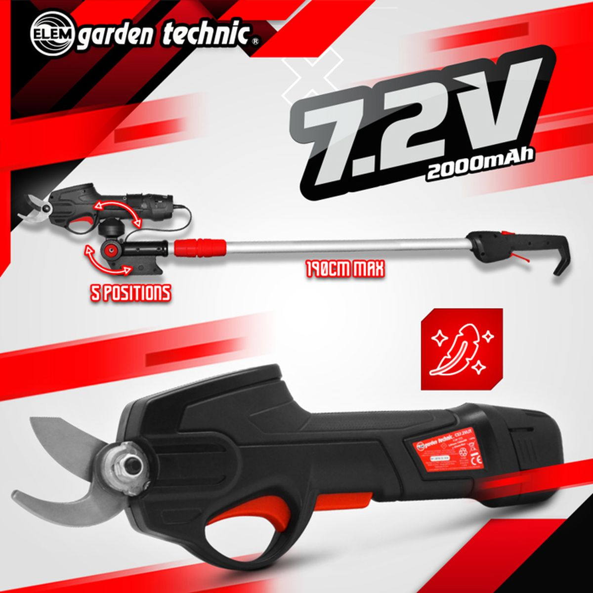 Garten-Technic 7.2V Akku-Schere mit ausziehbarem Teleskopstiel.