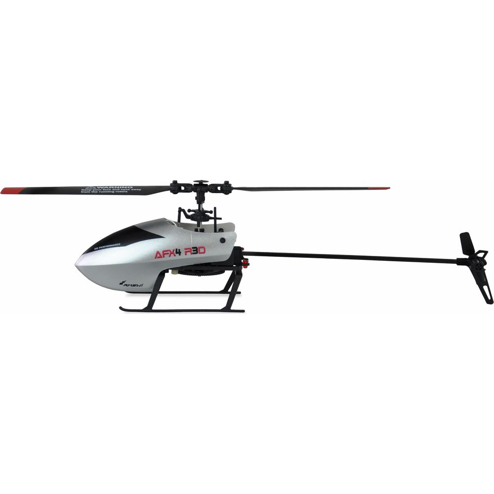 Ein silberner RC-Helikopter mit schwarzem Haupt- und Heckrotor, kufe und Aufschrift AFX4 R3D auf weißem Hintergrund.