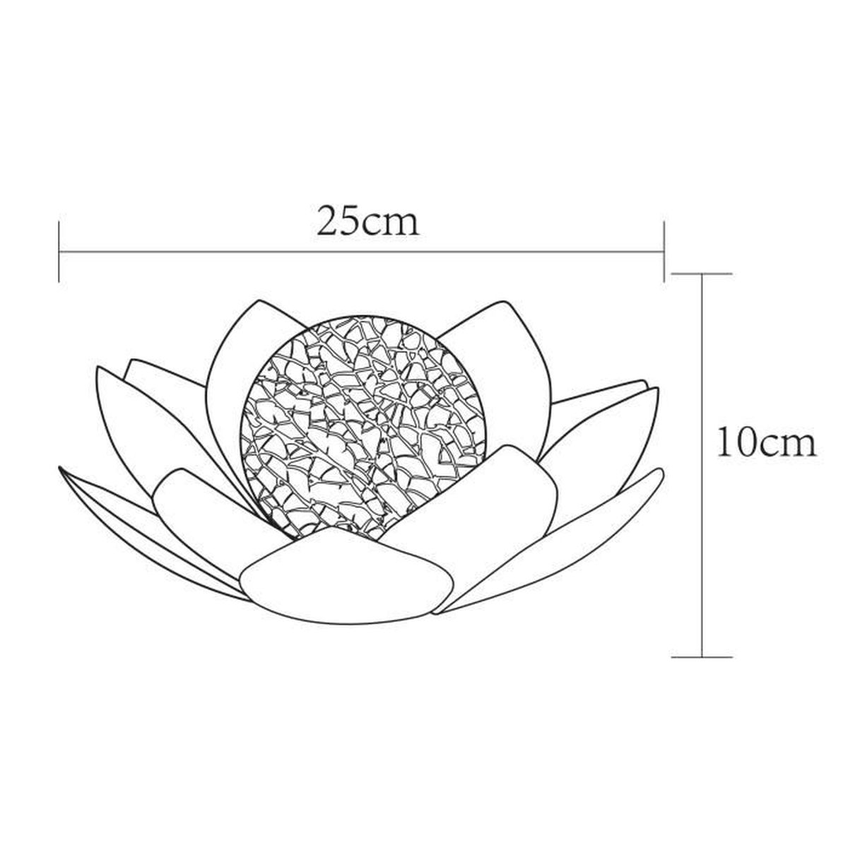 Technische Zeichnung einer lotusblumenförmigen Leuchte, Breite 25cm, Höhe 10cm.