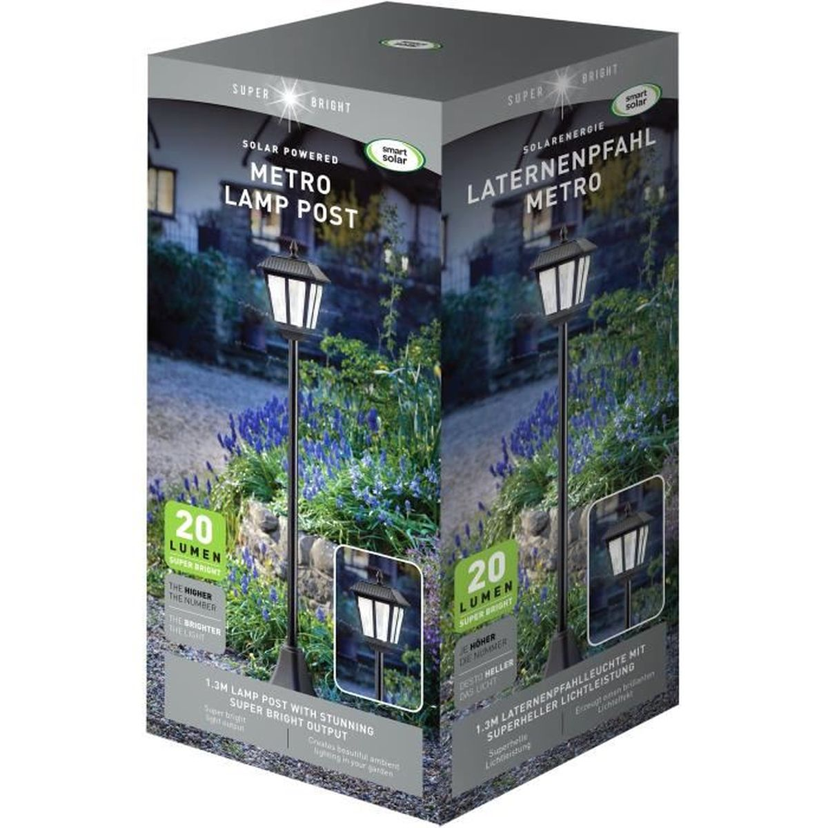 Produktverpackung eines Solar-Laternenpfhals Metro mit 20 Lumen und Bild eines beleuchteten Gartens.