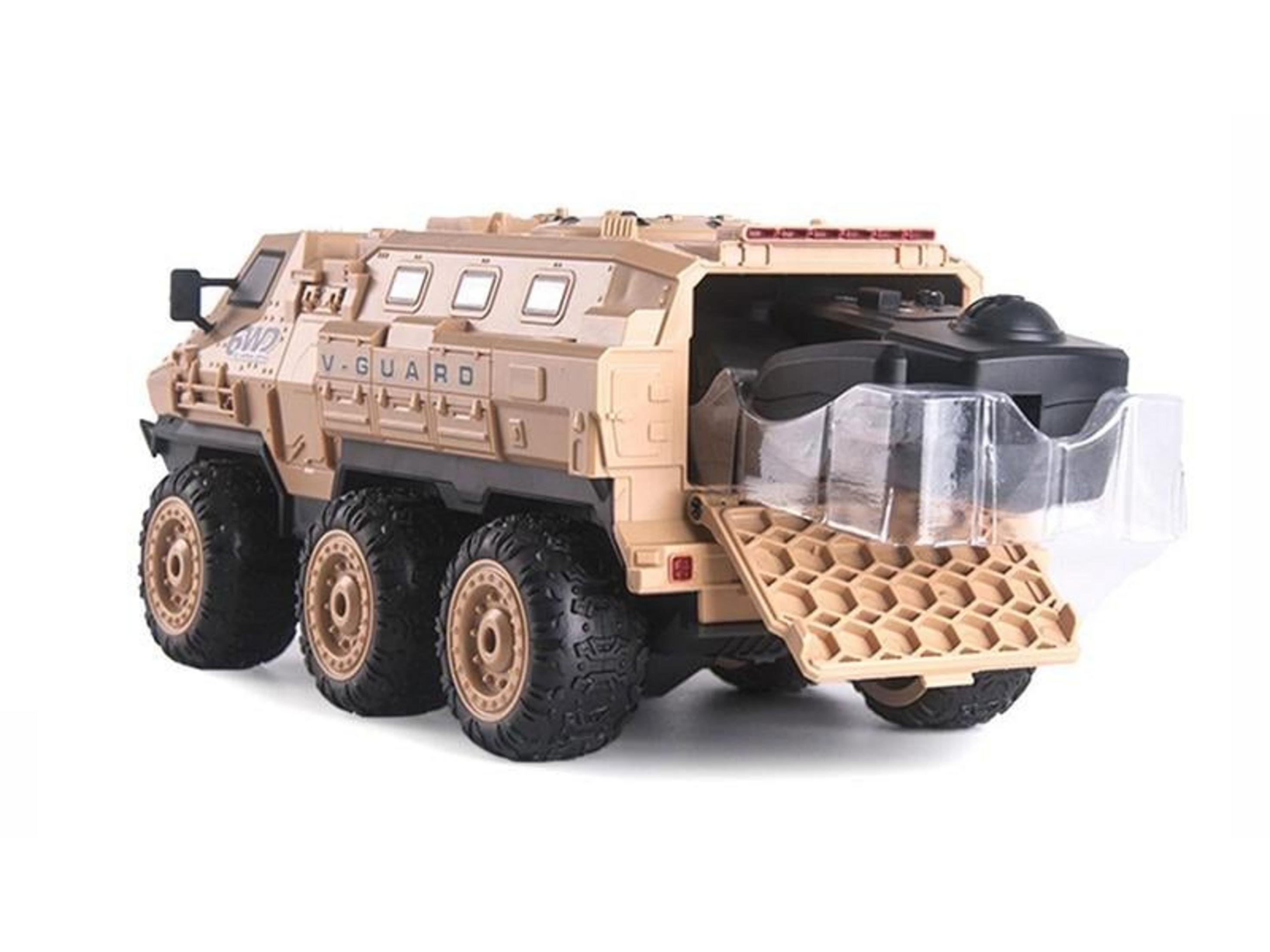 Beige V-Guard 6WD Spielzeug-Militärfahrzeug mit schwarzem Innenraum und Reifen vor weißem Hintergrund.