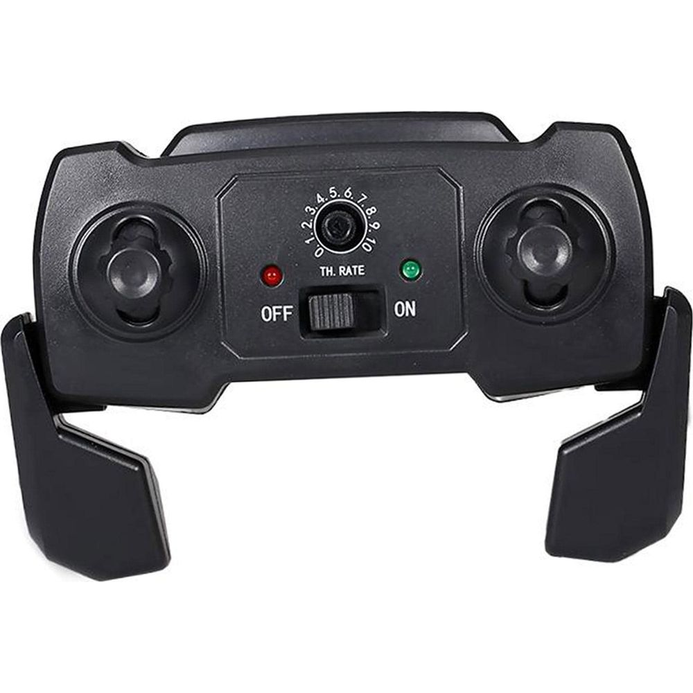 Eine schwarze Drohnen-Fernbedienung mit zwei Joysticks, einem Ein/Aus-Schalter, Status-LEDs und einem Drehregler.