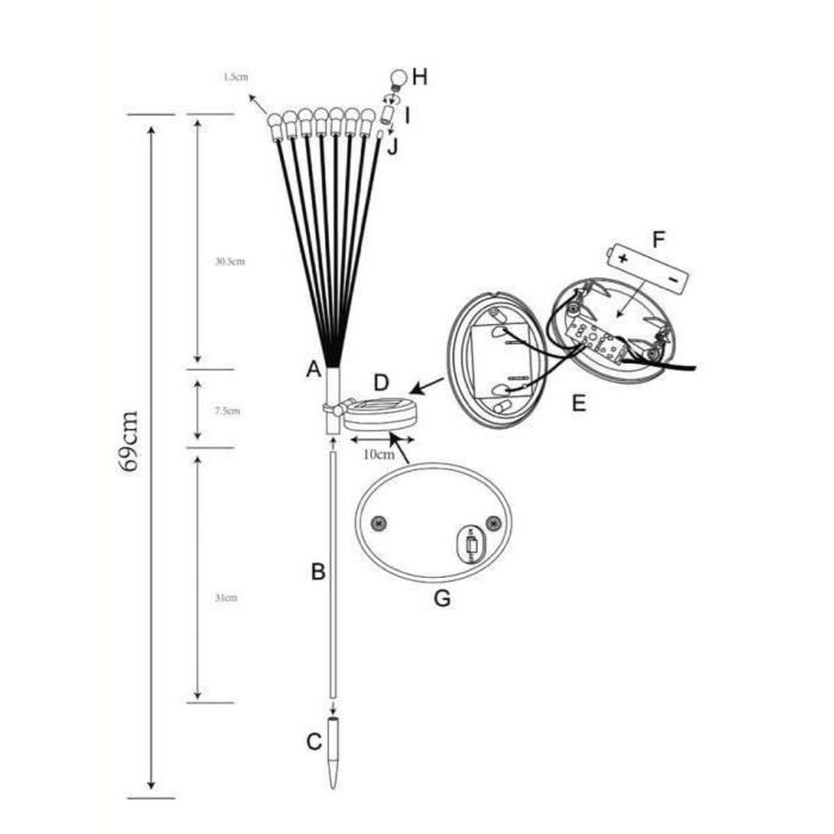 Diagramm einer Solarleuchte mit Maßen und beschrifteten Bauteilen von A bis J.