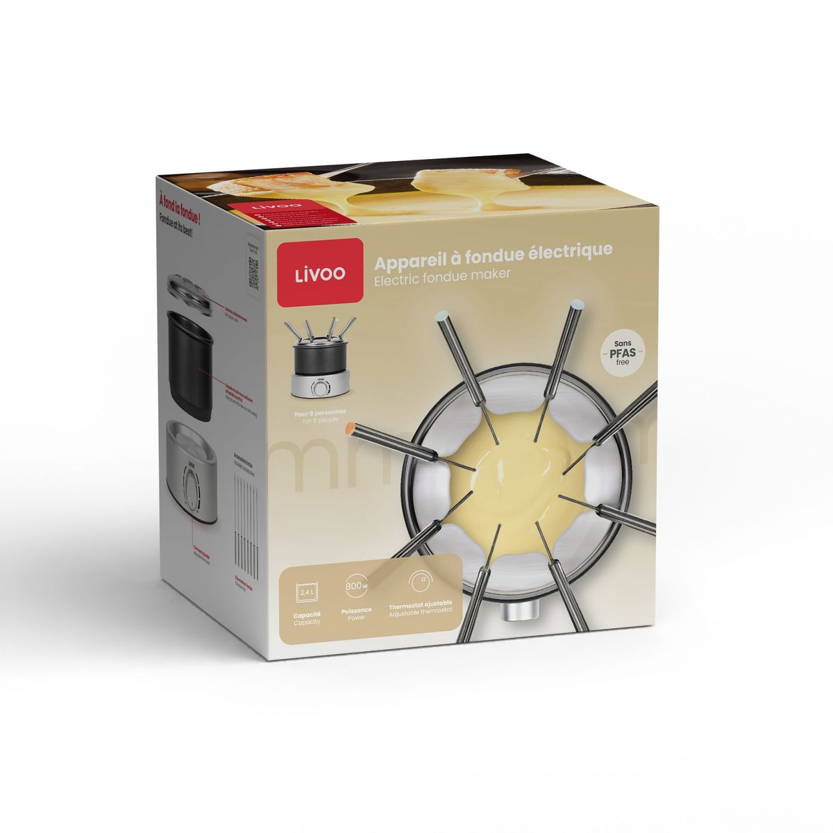 Verpackung eines Livoo elektrischen Fondue-Sets mit sichtbarem Topf, Gabeln und Produktdetails auf beigem Hintergrund.