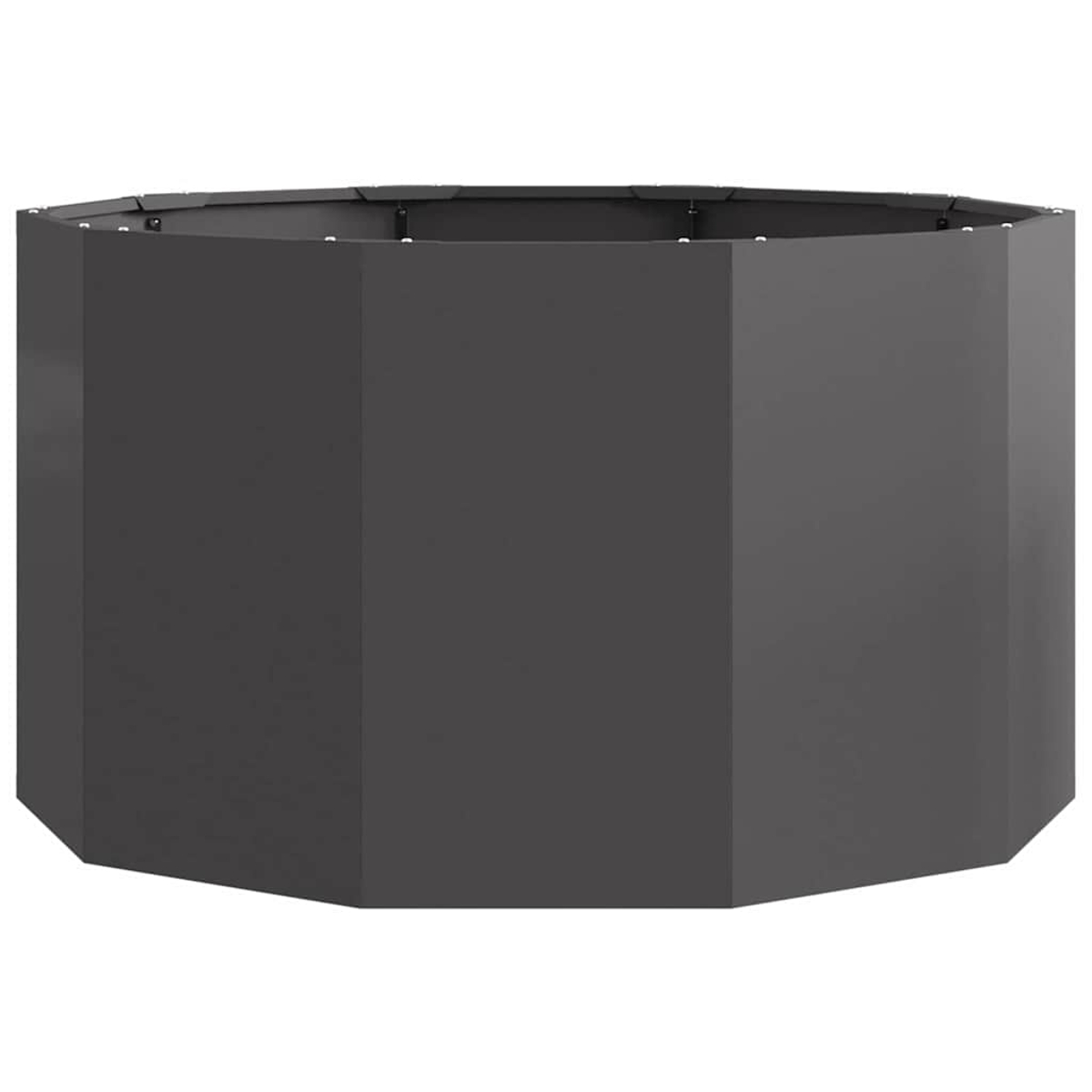 Ein graues, achteckiges Hochbeet aus Metall auf weißem Hintergrund.