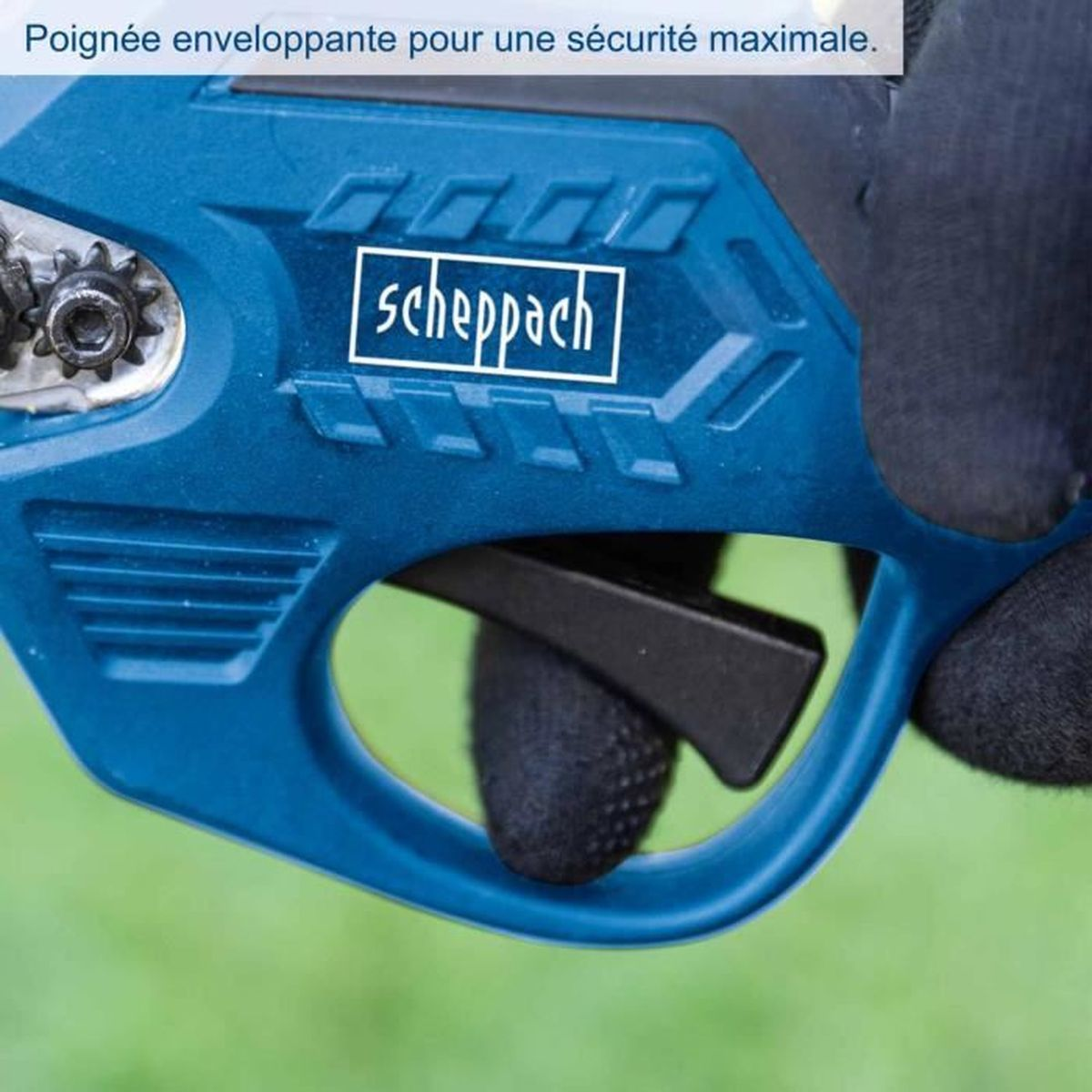 Nahaufnahme eines blauen Scheppach-Werkzeuggriffs mit einem schwarzen Abzug und französischer Textüberlagerung.