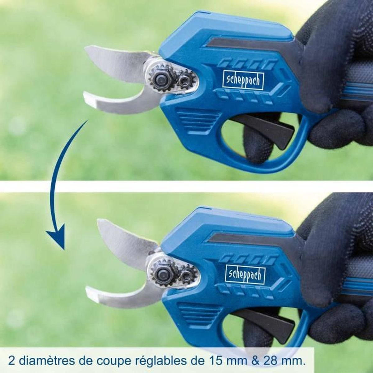 Blaue elektrische Gartenschere mit verstellbarem Schnittdurchmesser von 15 mm und 28 mm.