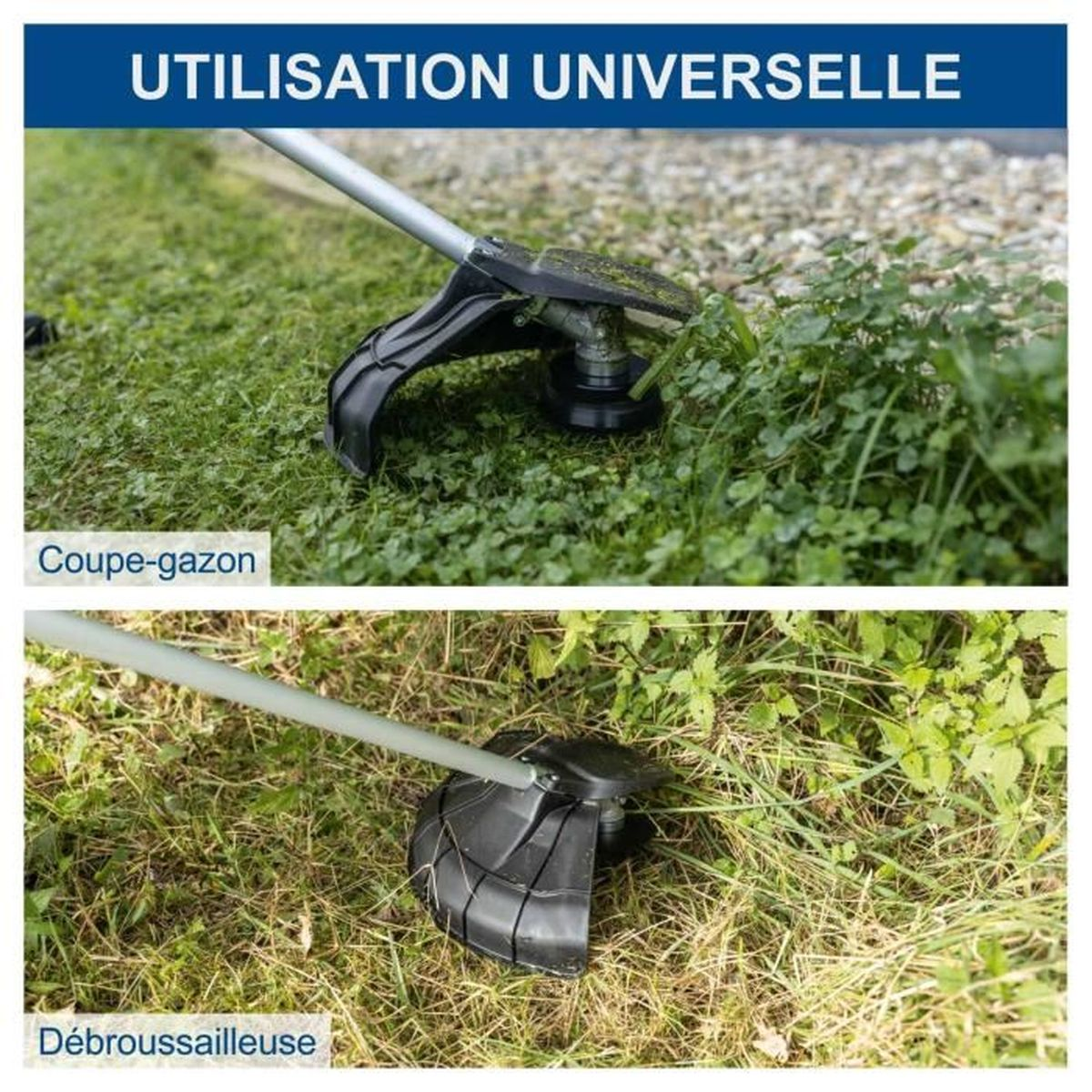 Ein Rasentrimmer und eine Motorsense schneiden Gras in zwei verschiedenen Gartenbereichen.