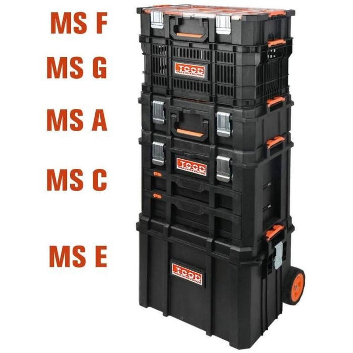 Ein vertikaler Stapel schwarzer und orangefarbener Werkzeugkisten mit den Beschriftungen MS F, MS G, MS A, MS C und MS E.