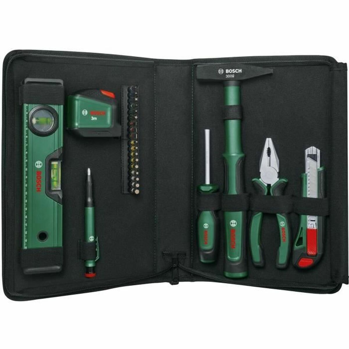 Ein schwarzes Etui enthält Bosch-Werkzeuge wie Hammer, Zange, Schraubendreher und Wasserwaage.