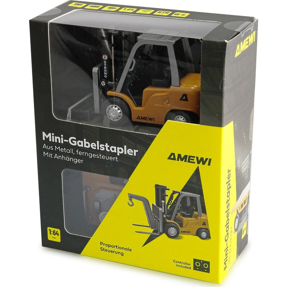 Verpackung eines ferngesteuerten Mini-Gabelstaplers von Amewi in Schwarz und Gelb.