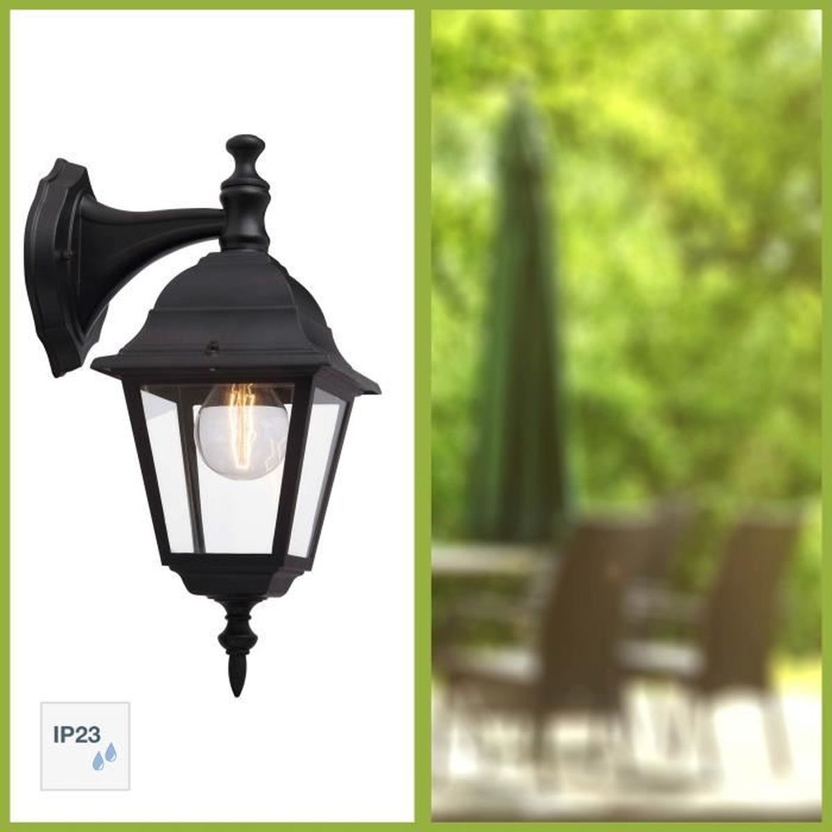 Eine schwarze Wandleuchte mit klaren Glasscheiben und einer Edison-Glühbirne vor verschwommenem Hintergrund.