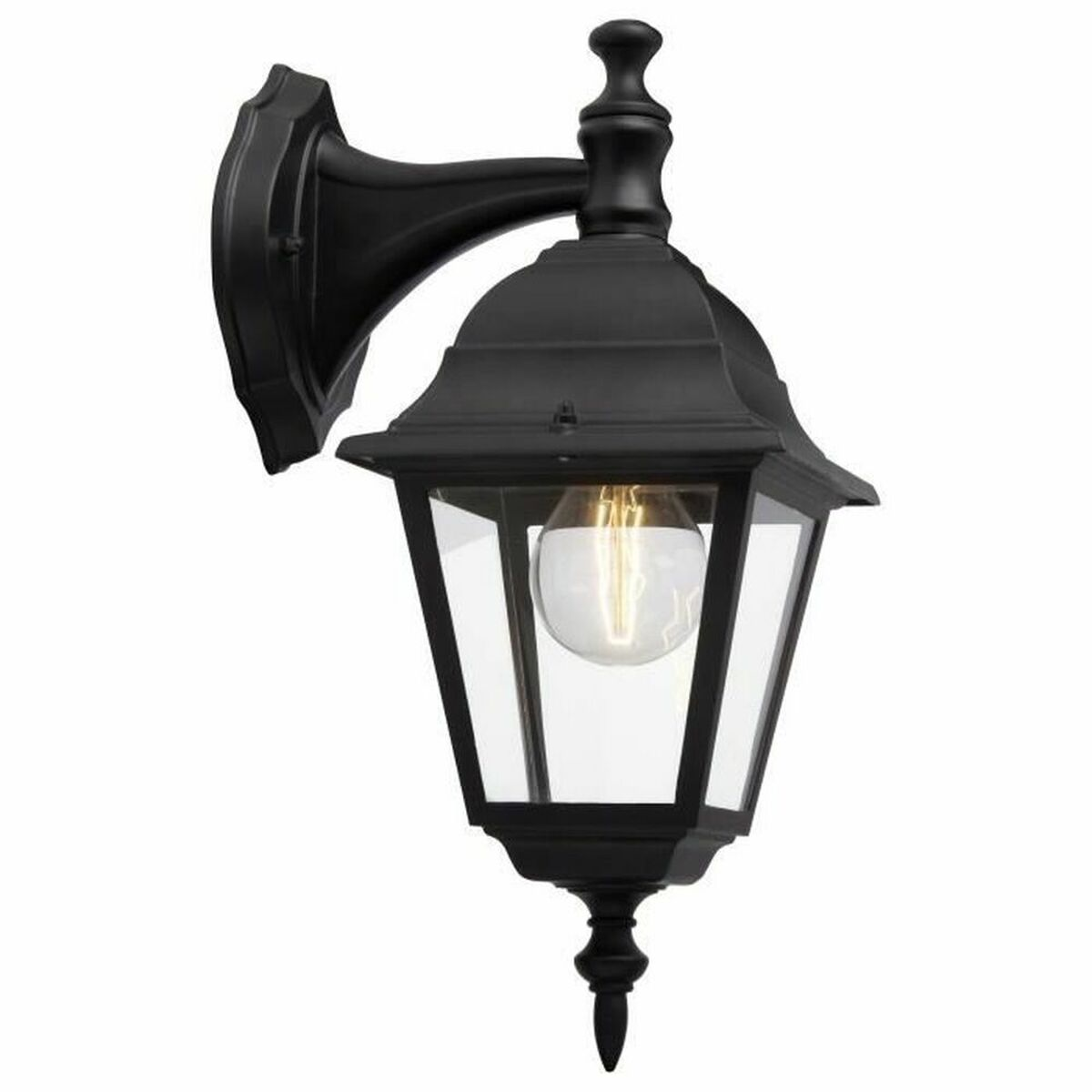 Schwarze Außenwandleuchte mit Glasfenstern und sichtbarer Glühbirne.