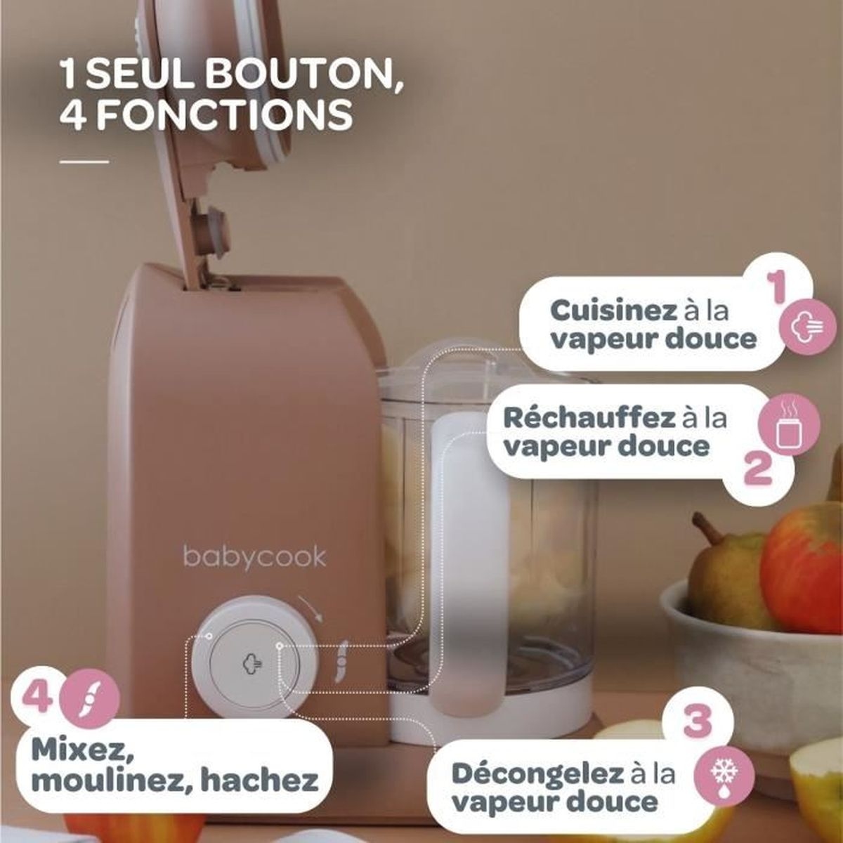 Rosa Babycook Küchenmaschine mit vier Funktionen und Bezeichnungen auf Französisch.