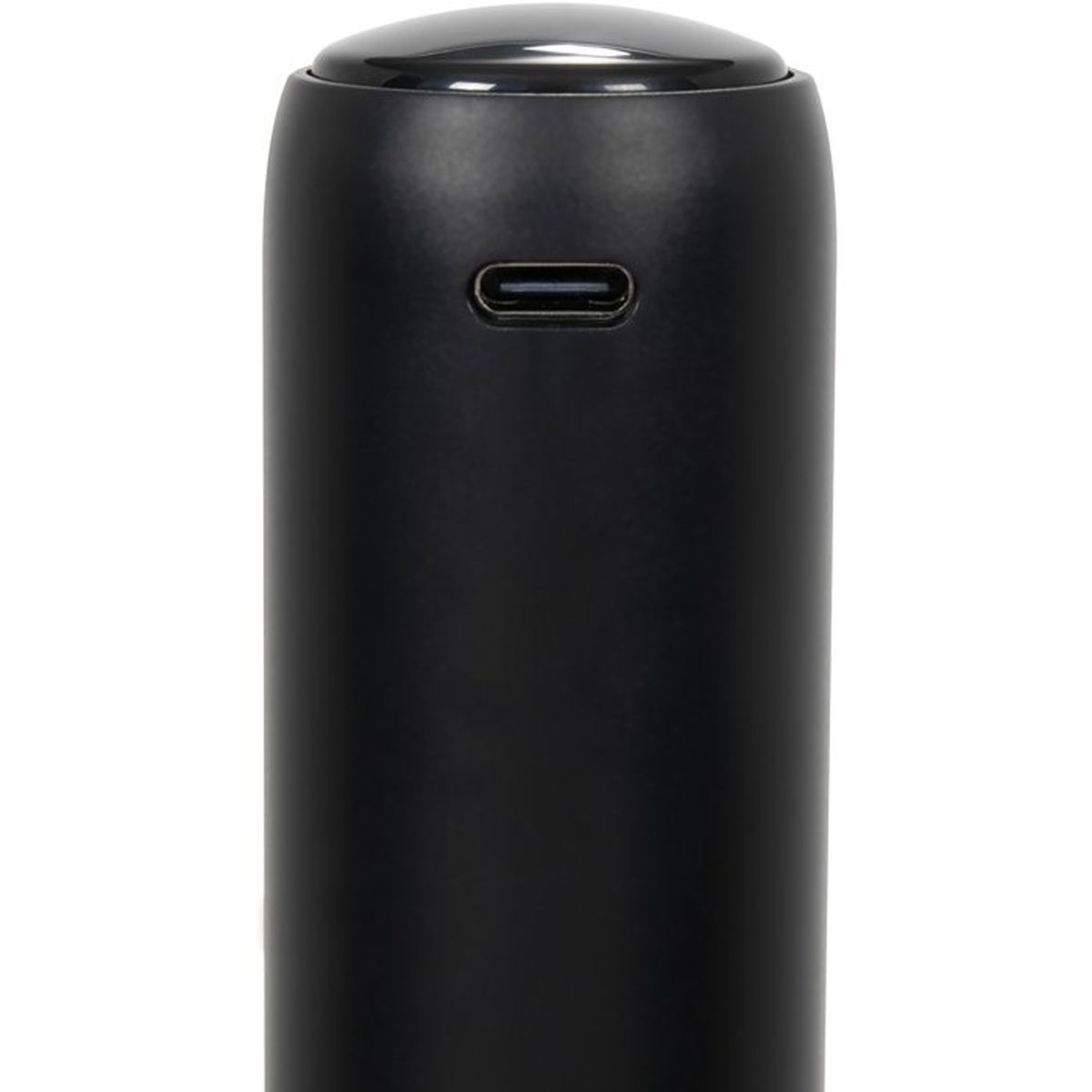Un dispositivo cilindrico nero con porta USB-C su sfondo bianco.