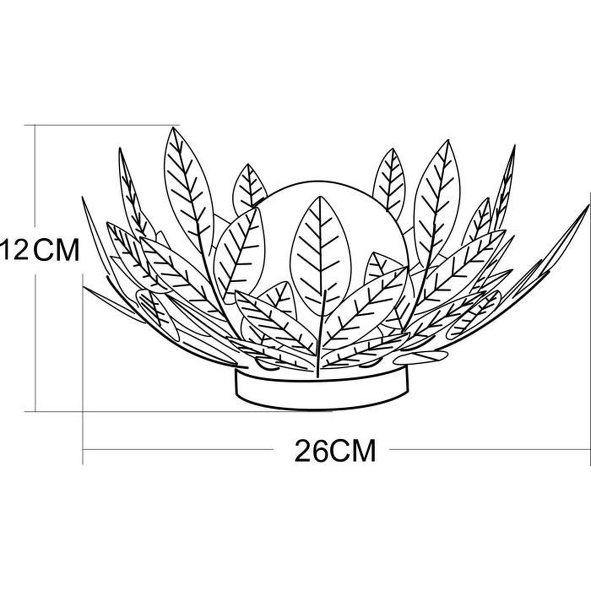 Schwarz-Weiß-Strichzeichnung einer runden Deko-Schale mit Blättern, 12 cm hoch und 26 cm breit.