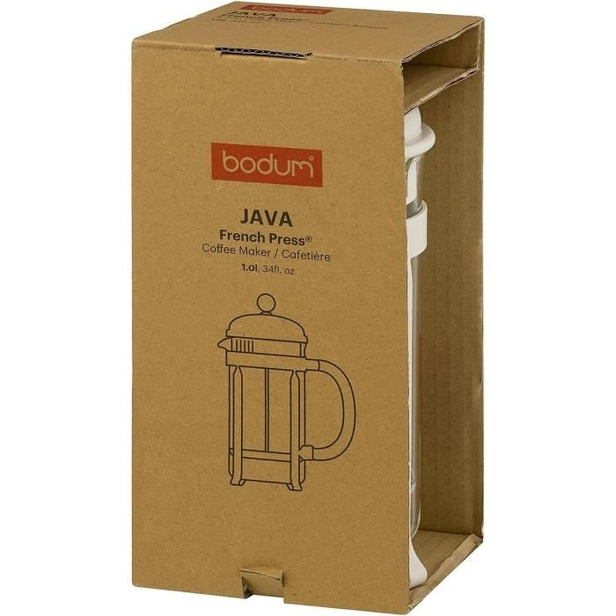 Eine braune Pappschachtel mit Bodum Java French Press Kaffeemaschine.
