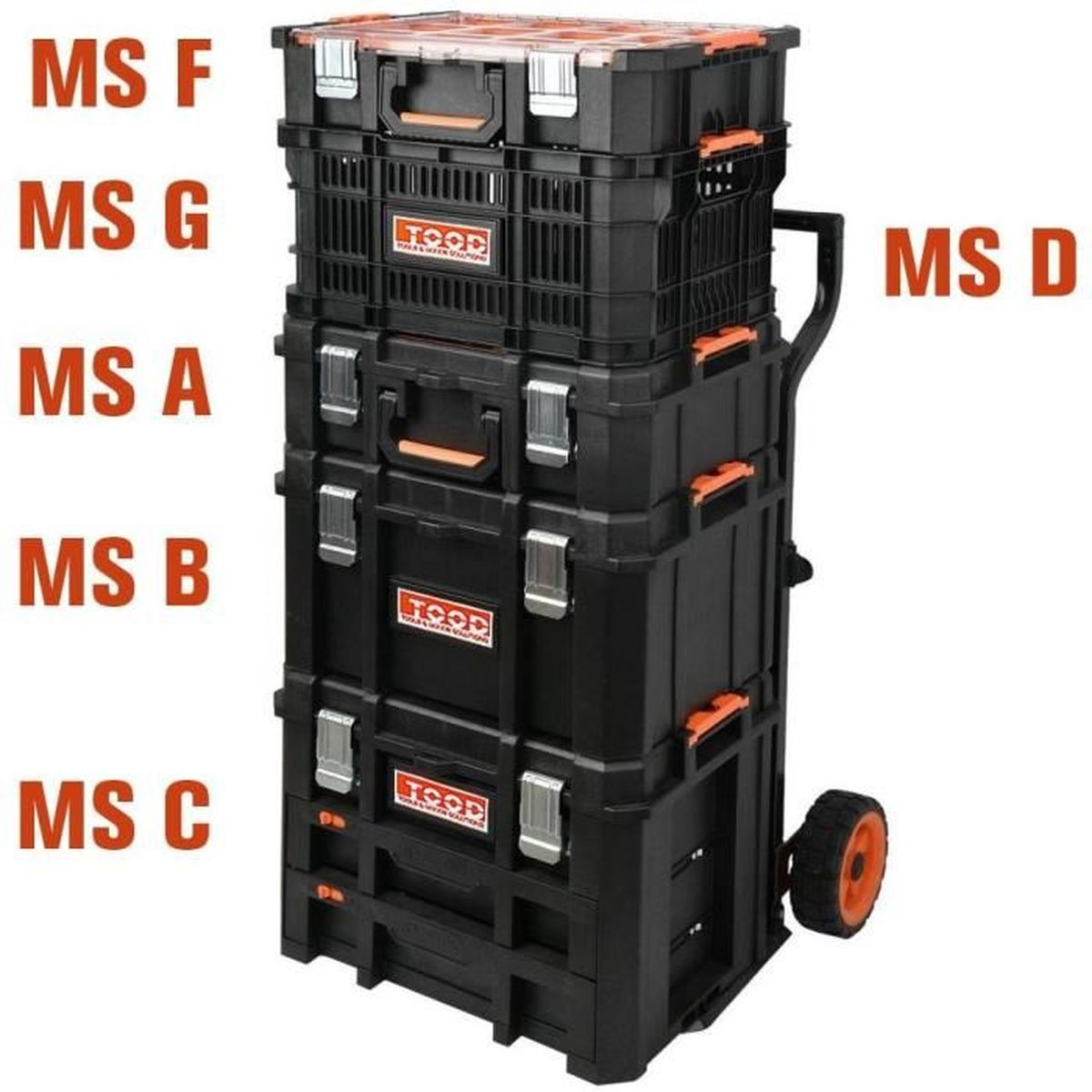 Stapelbarer schwarzer Werkzeugkasten-Trolley mit orangefarbenen Akzenten und Beschriftungen.