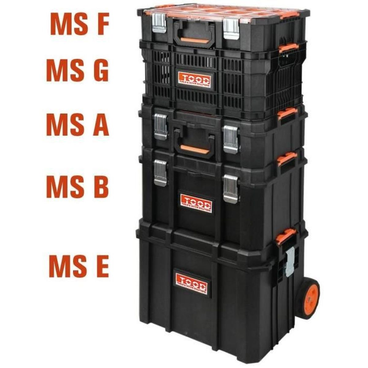 Stapelbarer schwarzer Werkzeugkasten mit Rädern und orangen Akzenten sowie den Beschriftungen MS F, G, A, B, E.