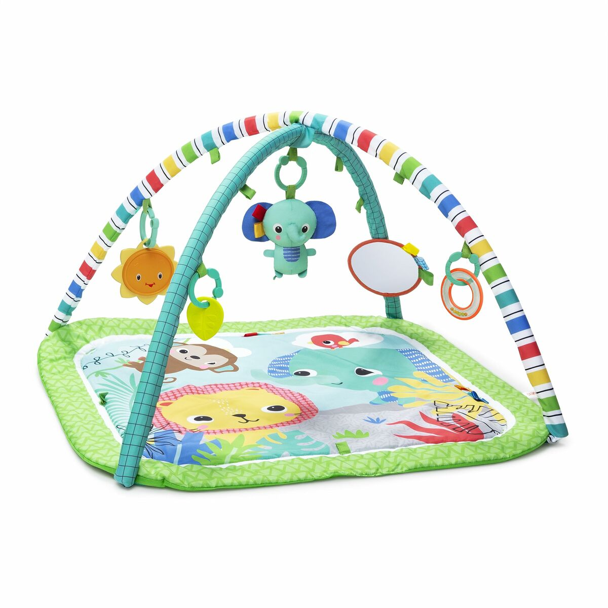 Ein buntes Baby-Spieltrapez mit grüner Matte und Bögen mit Plüschtieren und einem Spiegel.