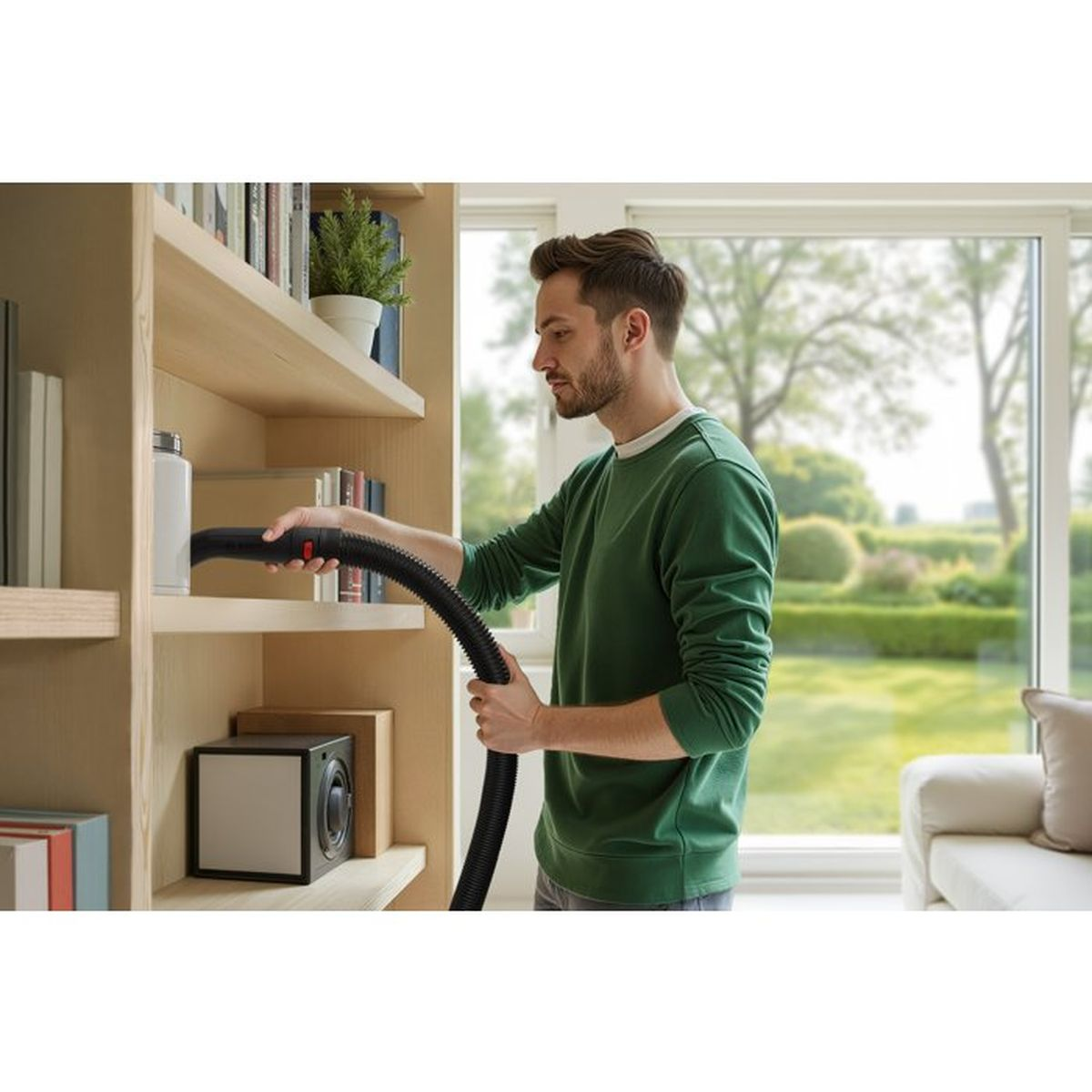 Mann in grünem Pullover saugt ein Bücherregal in einem hellen Raum.