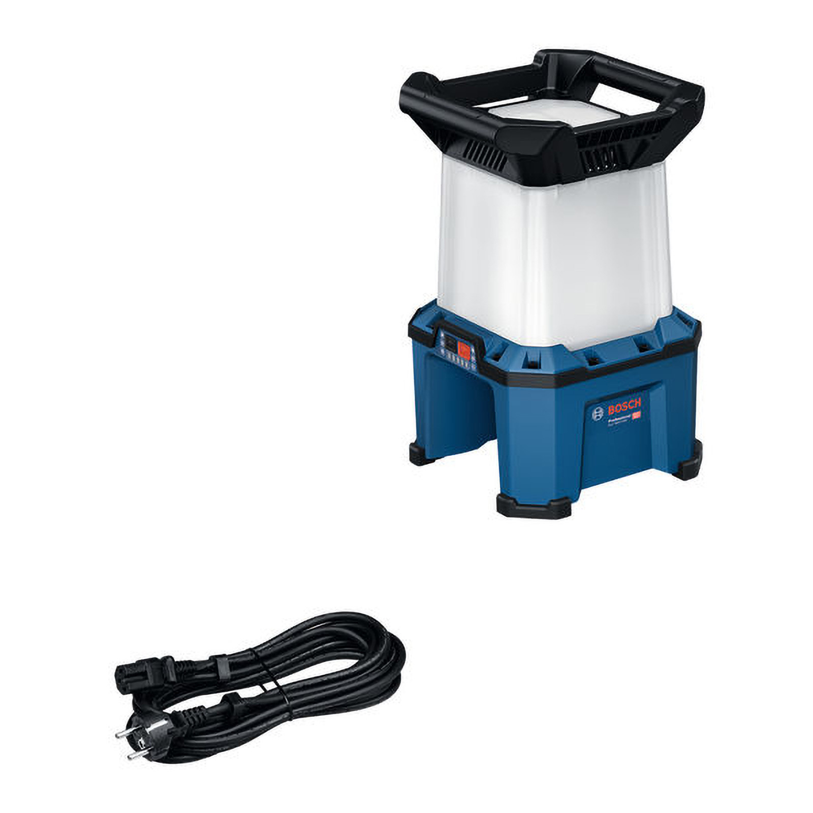 Eine blaue Bosch Arbeitslampe mit weißem Lichtkörper und schwarzem Griff, daneben ein schwarzes Netzkabel.