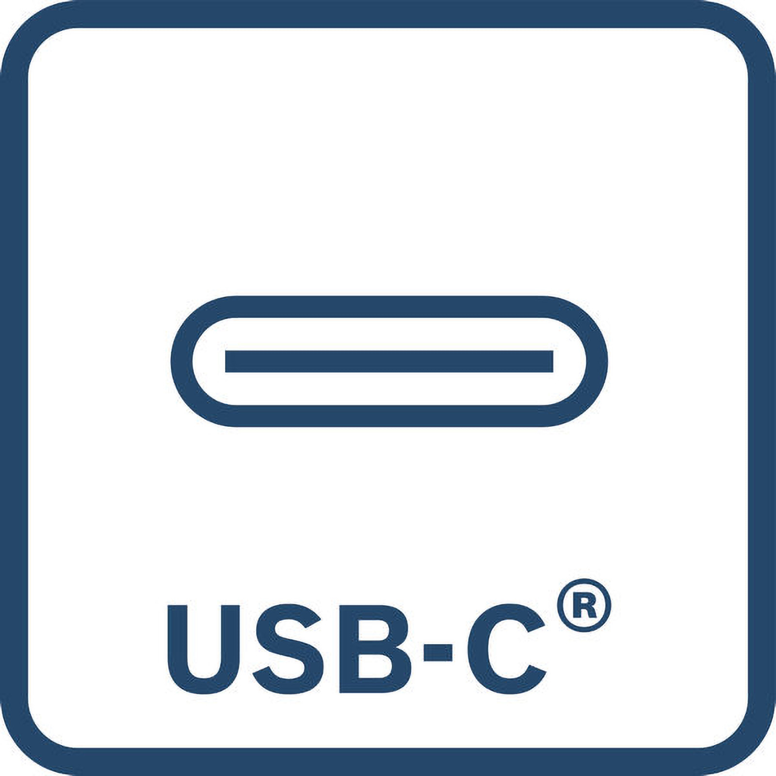 Ein blaues USB-C-Symbol und der Text USB-C in einem abgerundeten Quadrat.
