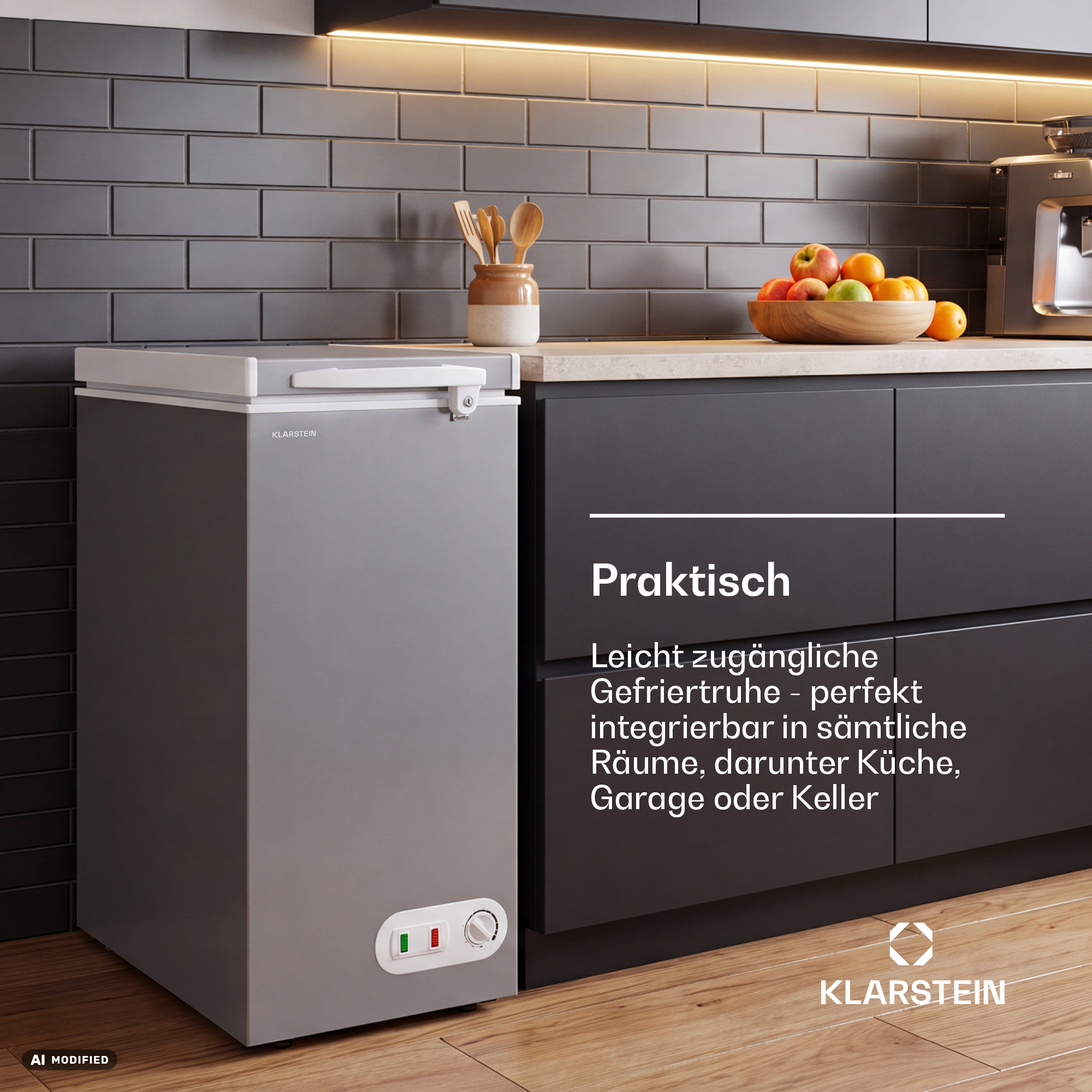 Graue Klarstein Gefriertruhe in einer modernen Küche neben dunklen Schränken.