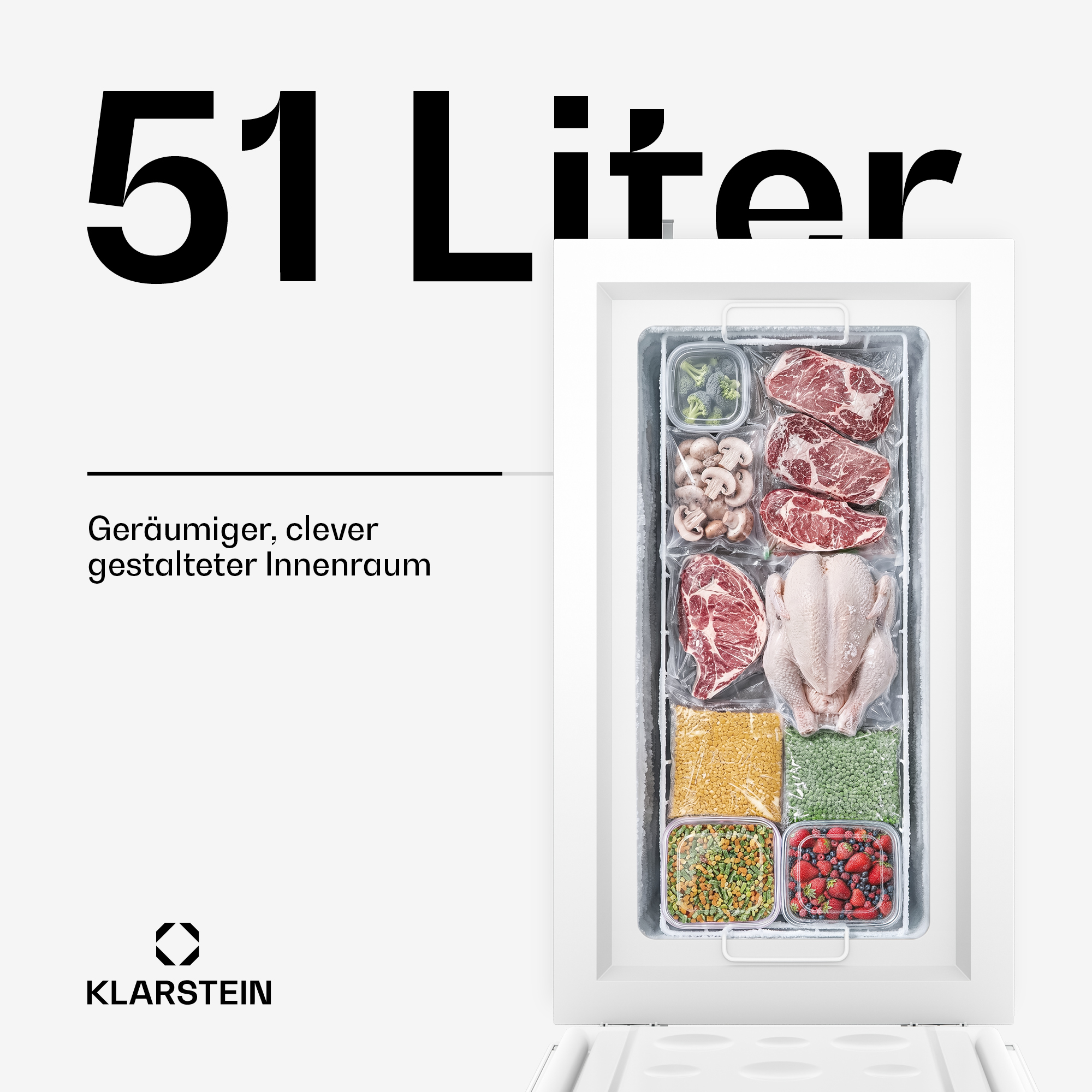 Offene 51-Liter-Gefriertruhe mit organisierten Lebensmitteln wie Fleisch, Hähnchen, Gemüse und Beeren.